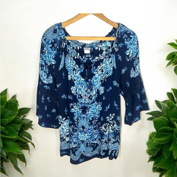 BILA Floral Damask Print Boho Peasant Tassel Tie Blouse - Picture 1 of 9